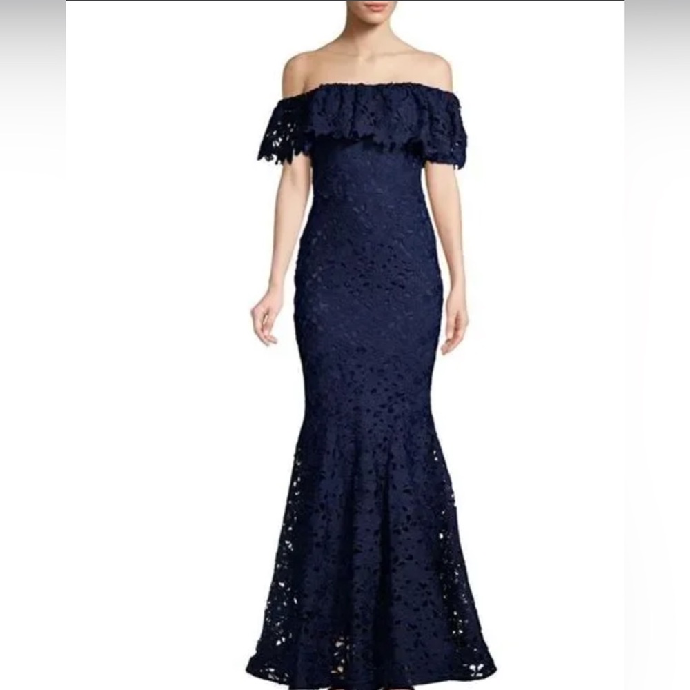 Nicole Bakti off the shoulder floor-length trumpet gown sz 4 Navy Blue lace